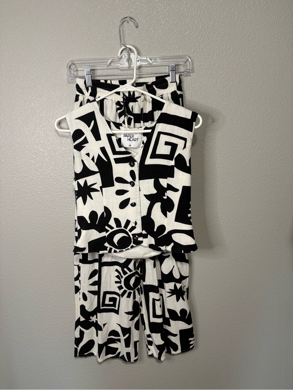 Paper Heart Black Cream Abstract Linen Blend Vest & Wide Leg Pant Set XS